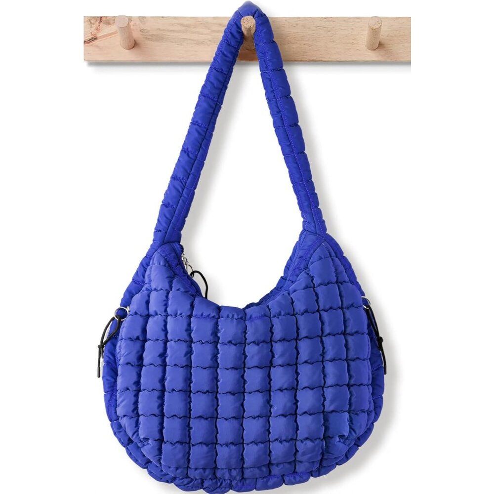 Chic Dark Blue Puffer Tote Bag - Spacious Quilted Purse with Zippered Pockets